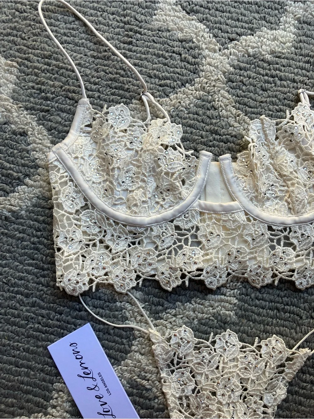 For Love And Lemons Ivory Floral Lace Bralette & Thong Set